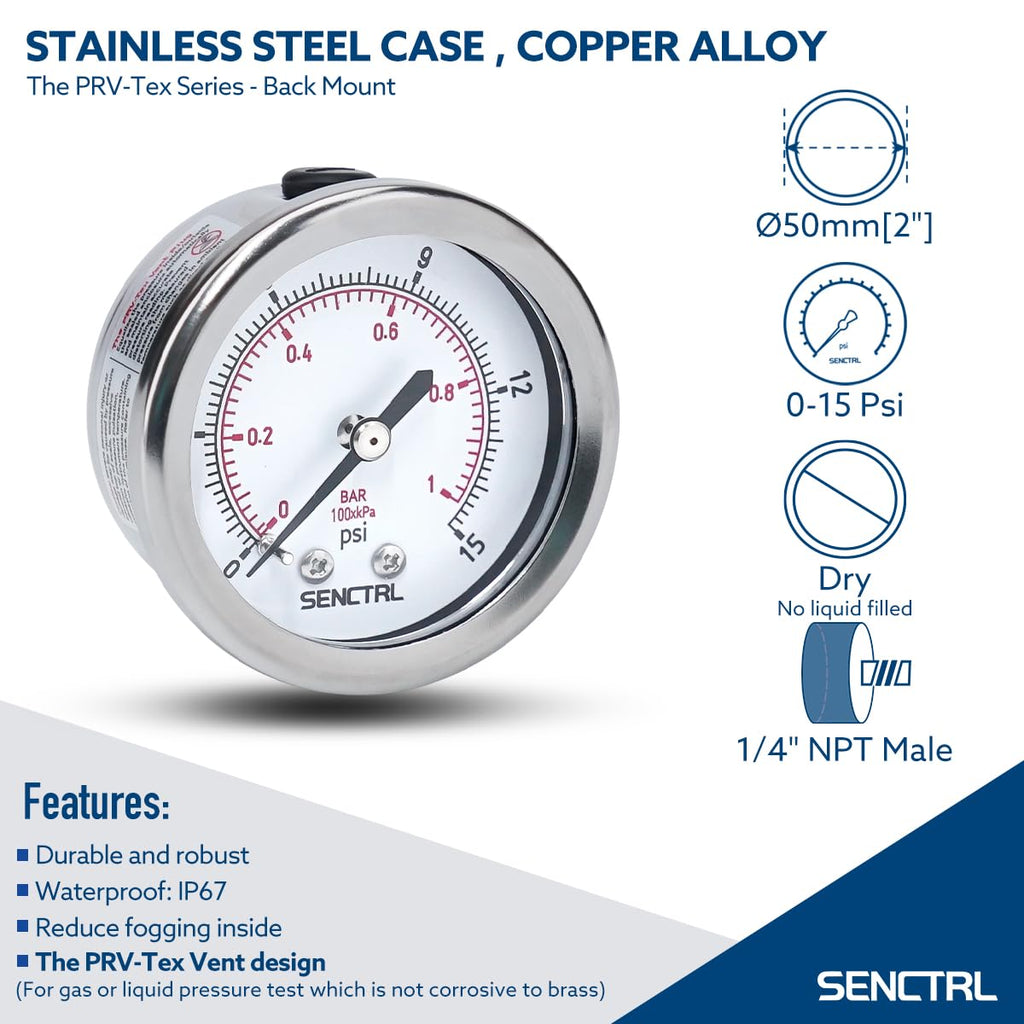 SENCTRL 0-15 Psi Low Pressure Gauge, 1/4" NPT Back Mount