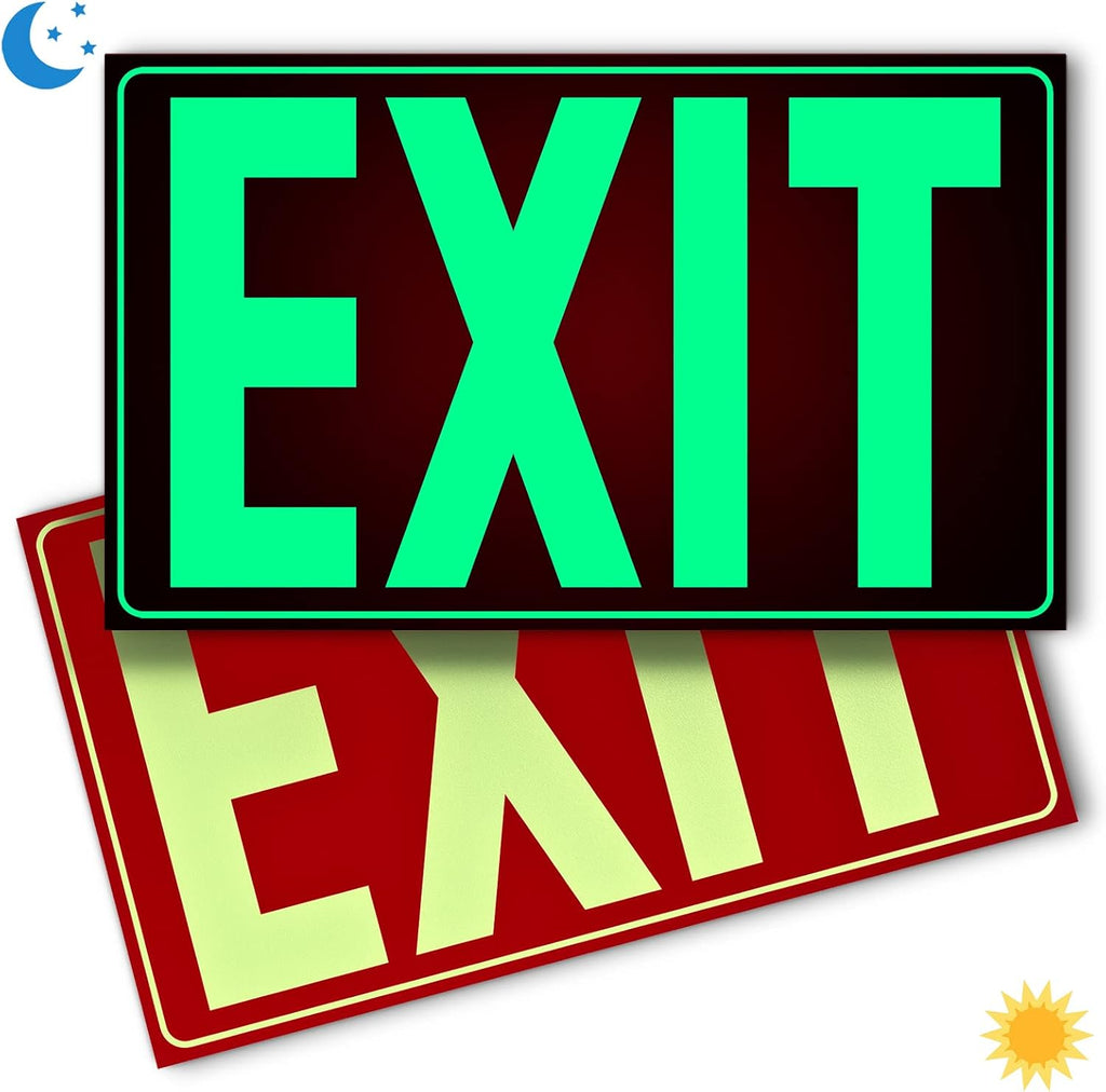 Glow In The Dark Photoluminescent Exit Sign Red - Adhesive Backing – UV Inks On Tear-resistant PVC - Non Electrical - Scratch Resistant -12 x 7 Inches For 50 Feet Visibility (2 Pack)