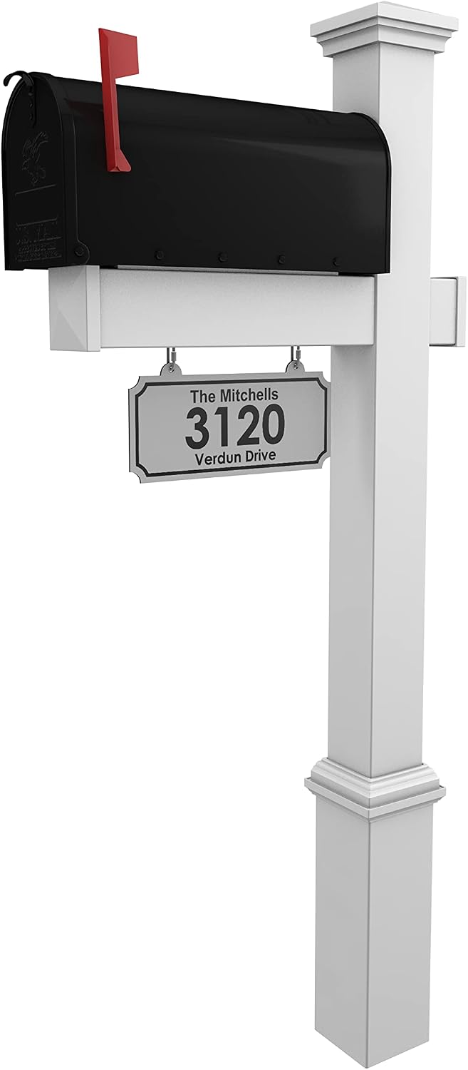 White Vinyl Mailbox Post System with Black Steel Mailbox | Includes a heavy-duty steel mailbox and a white custom