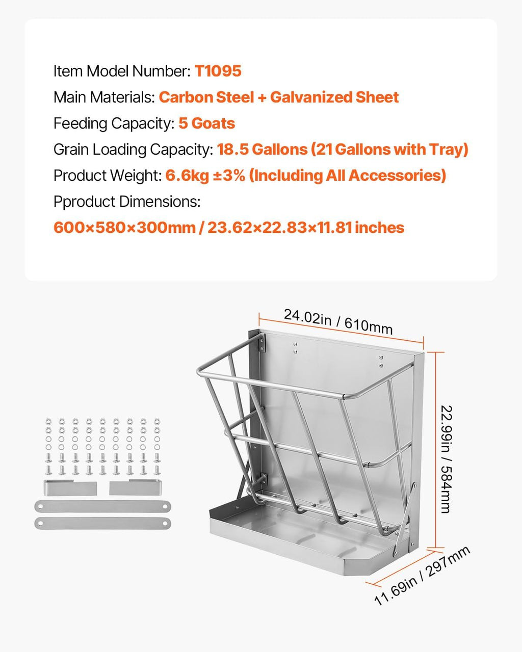 Wall Mounted Hay Rack, 18.5 Gallon Livestock Feeder with 2.5 Gallon Feed Tray, 2 in 1 Hay and Grain Feeder, Feeds up
