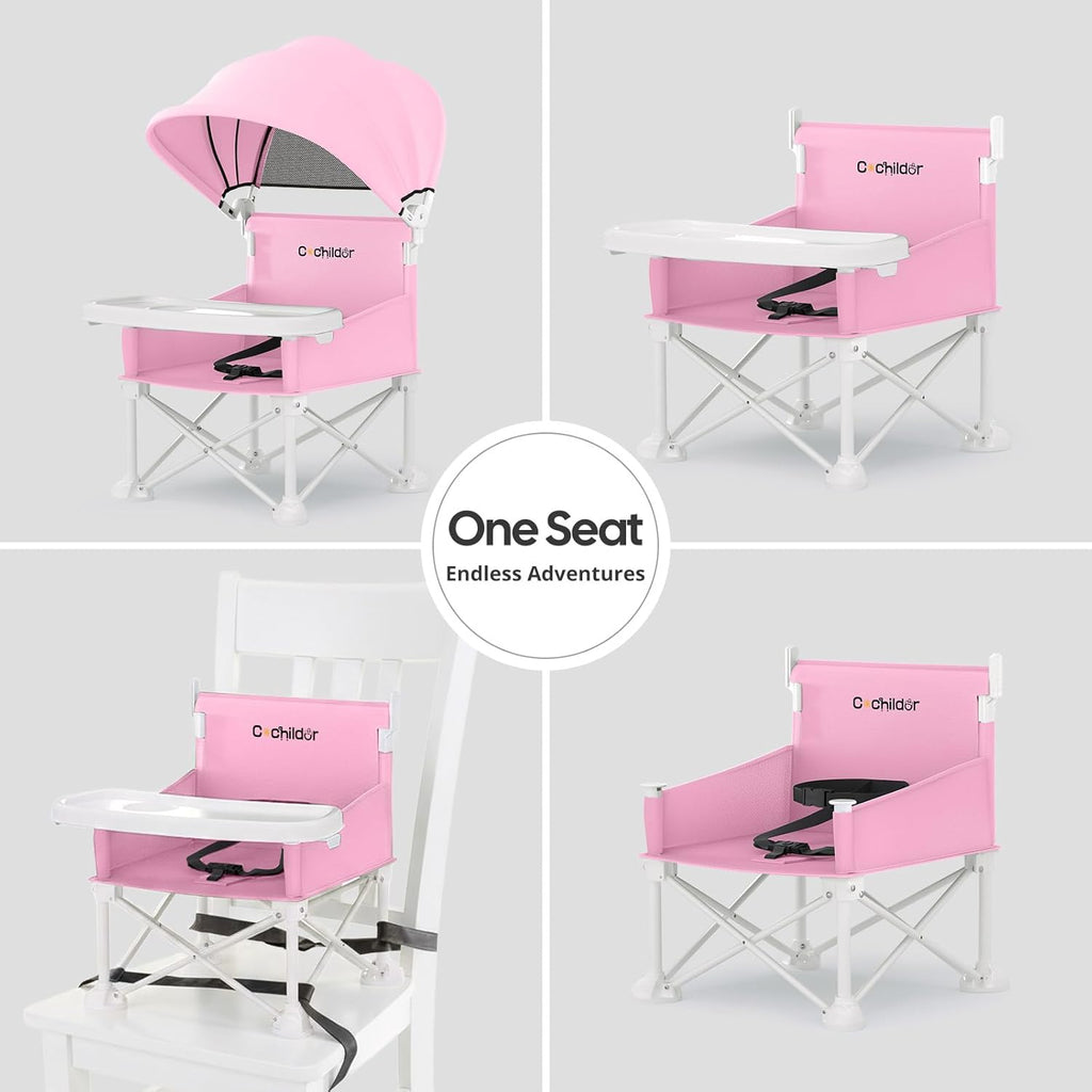 4-in-1 Portable Baby Chair, Foldable Toddler Booster Seat with Removable Tray, Canopy & Safety Harness, Pink