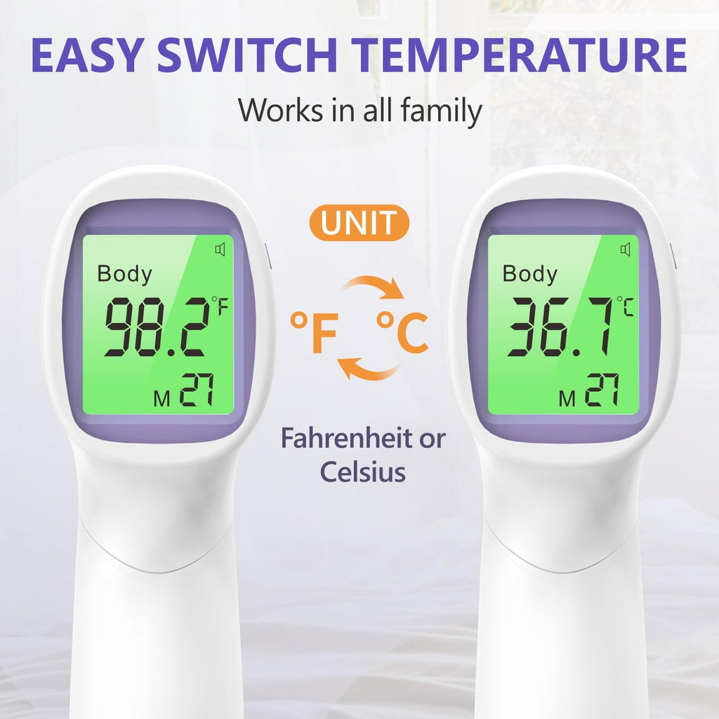 No-Touch Forehead Thermometer for Adults and Kids, Digital Thermometers with Fever Alarm, 3 Backlit and 32 Memories