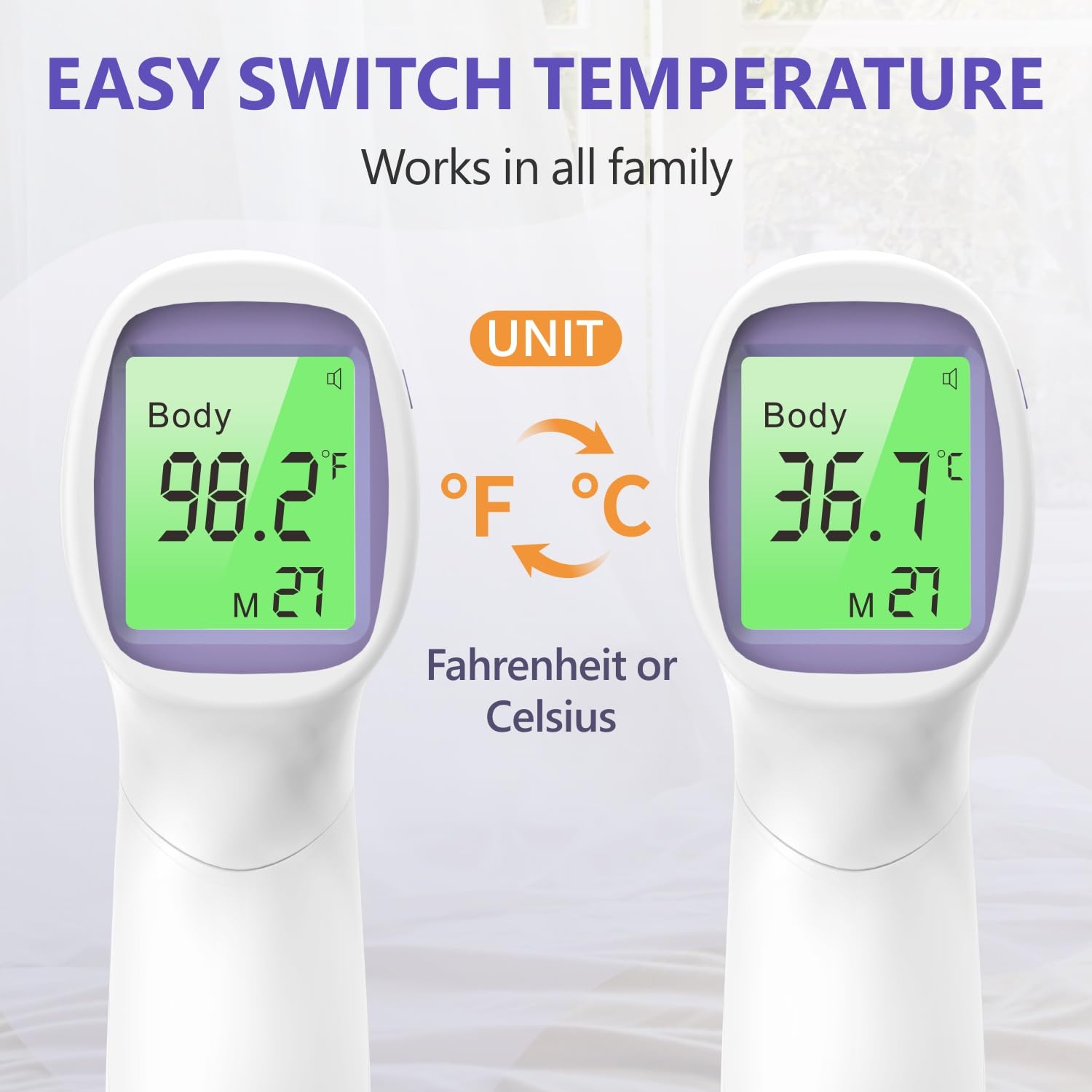 No-Touch Forehead Thermometer for Adults and Kids, Digital Thermometers with Fever Alarm, 3 Backlit and 32 Memories