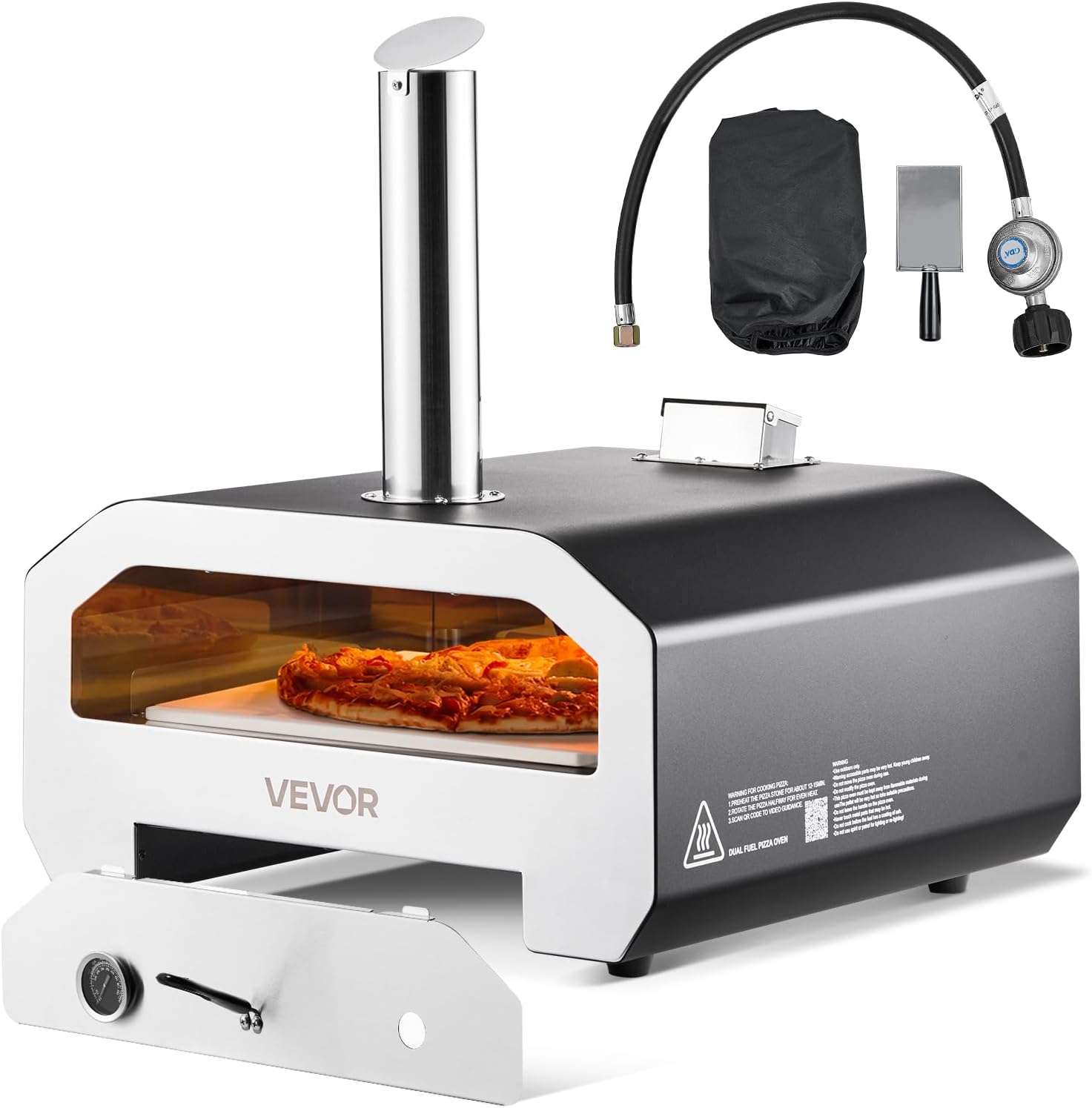 Dual Fuel Pizza Oven Outdoor, 16 in Wood Fire & Propane Gas Pizza Oven, Portable Pellet & Propane Pizza-Maker with