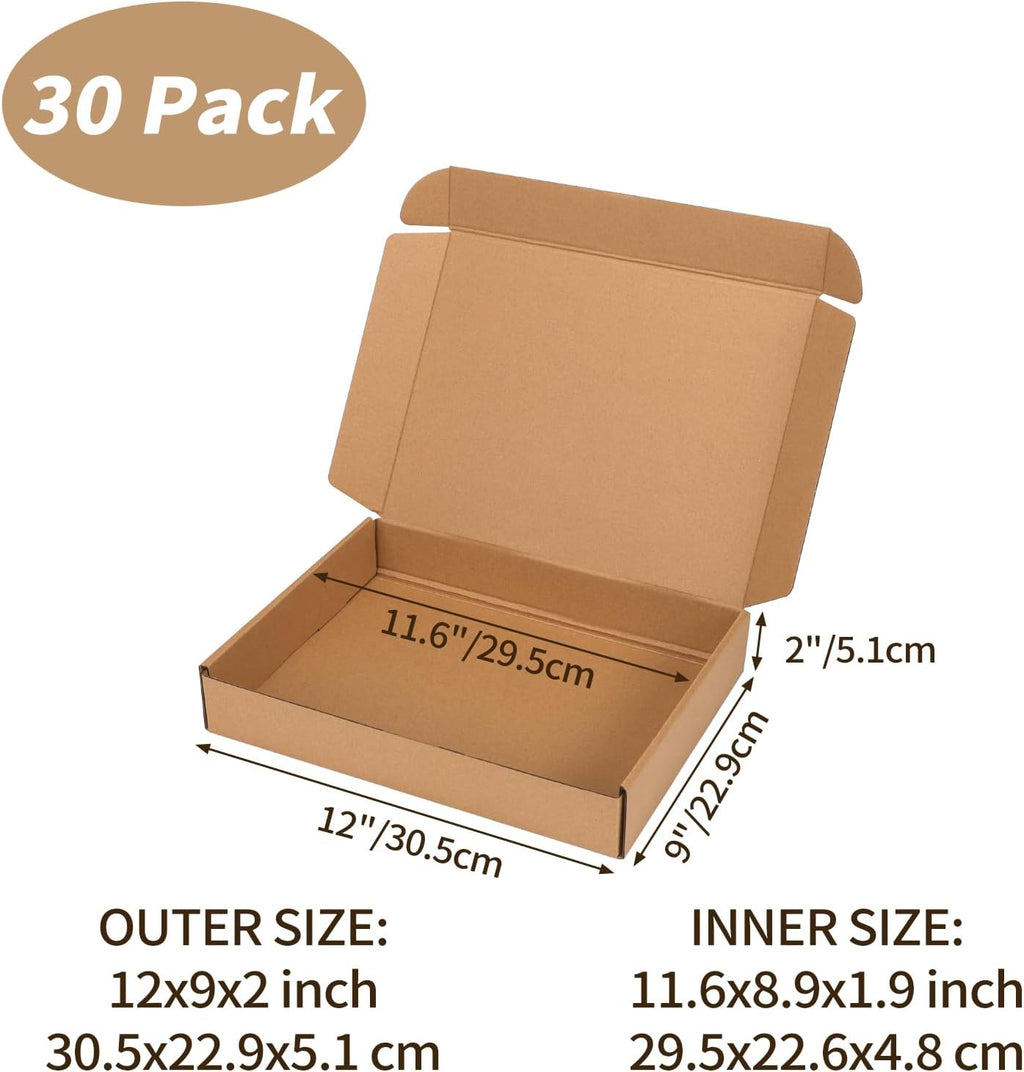 12x9x2 inch Cardboard Shipping Box, Set of 30 Mailing Box, Brown