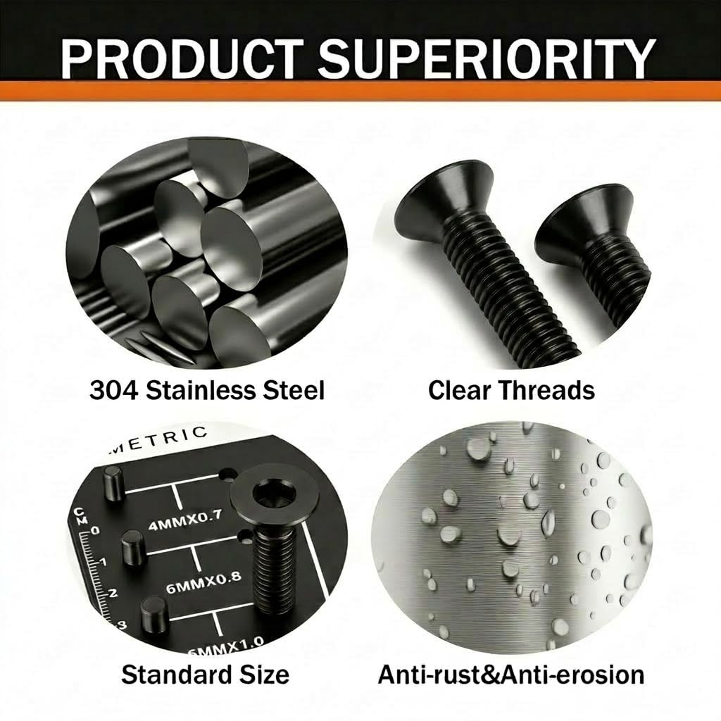 M4 x 16mm (50 Pack) Flat Head Socket Cap Screws Countersunk Allen Bolts, Black Oxide 304 Stainless Steel 18-8, Fully Machine Thread
