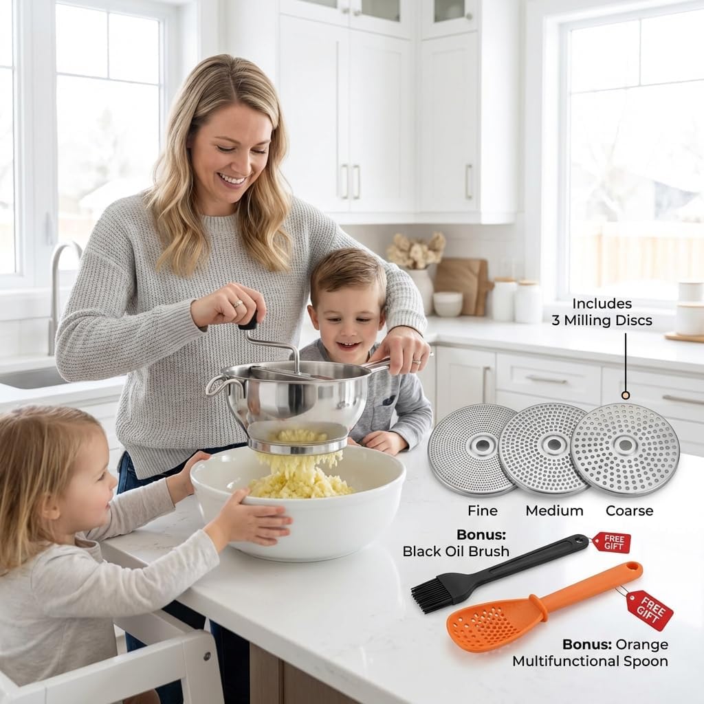 Stainless Steel Food Mill with 3 Milling Discs, Rotary Hand Crank with Silicone Handle, Ergonomic Design for Tomato