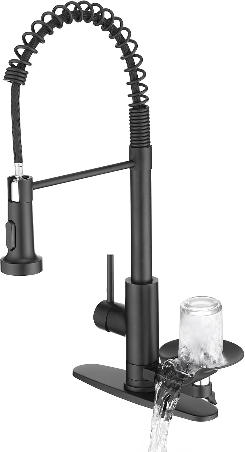 Kitchen Sink Fuacet with Glass Rinser, Single Handle Kitchen Faucet with Pull Down Sparyer, 304 Stainless Steel, Deck