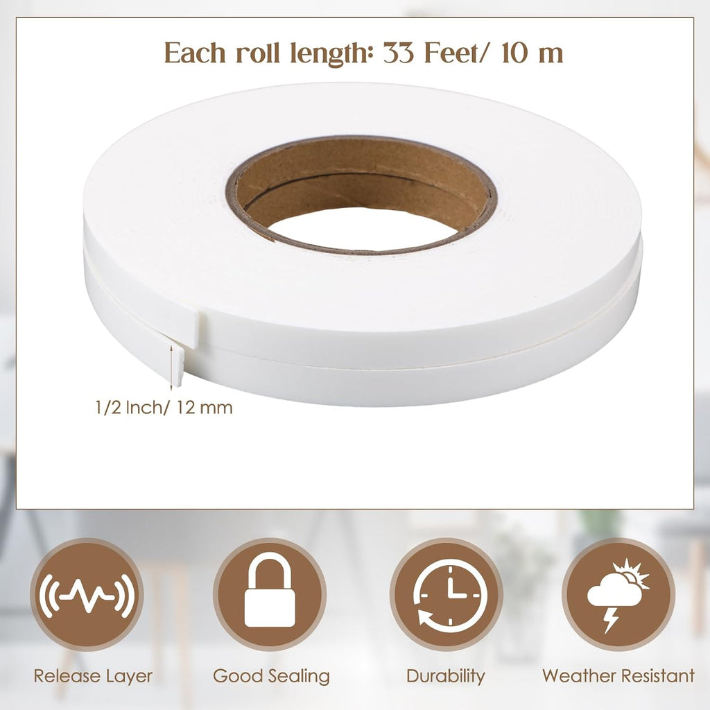 2 Rolls Double Sided Foam Tape for Mounting,1/2 Inch by 33 Feet,White