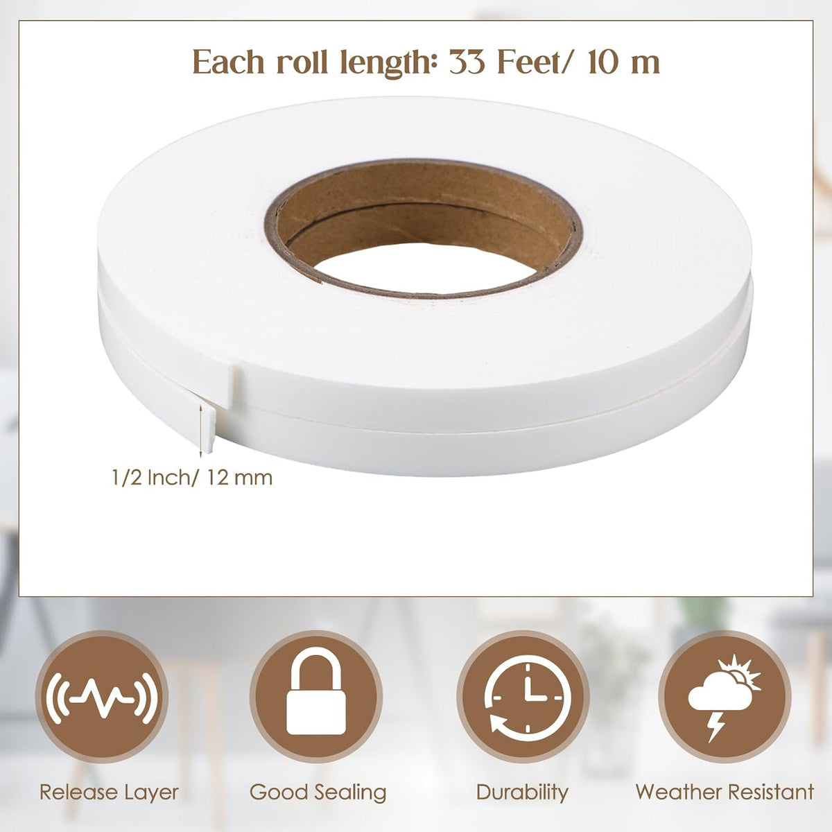 2 Rolls Double Sided Foam Tape for Mounting,1/2 Inch by 33 Feet,White
