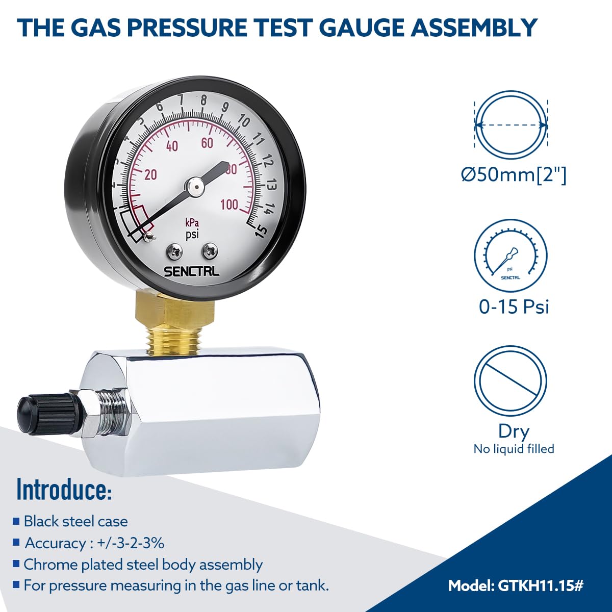 SENCTRL 0-15 Psi Gas Pressure Test Gauge, 3/4" FNPT Connection