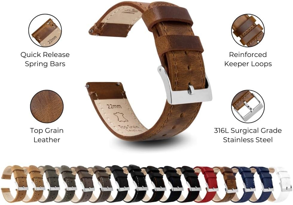 Top Grain Leather Watch Bands Compatible with Apple Watch Models - 1, 2, 3, 4, 5, 6, 7, 8, 9, 10, SE, Ultra & Ultra 2