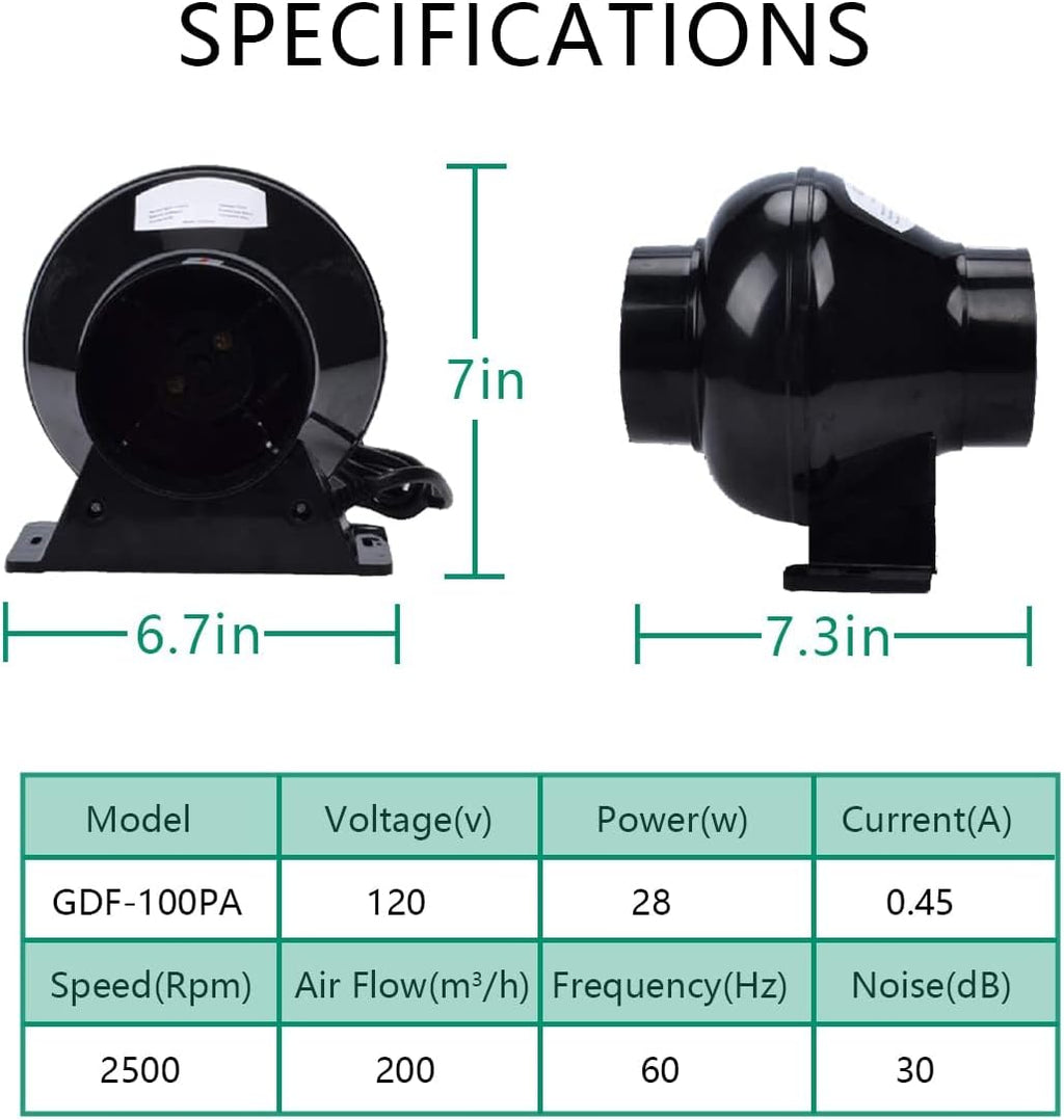 Ventilation Kit, 4 Inch Inline Fan 200 CFM Exhaust Blower, 4 Inch Carbon Fiber Filter Exhaust Fan Combo with 8 Feet