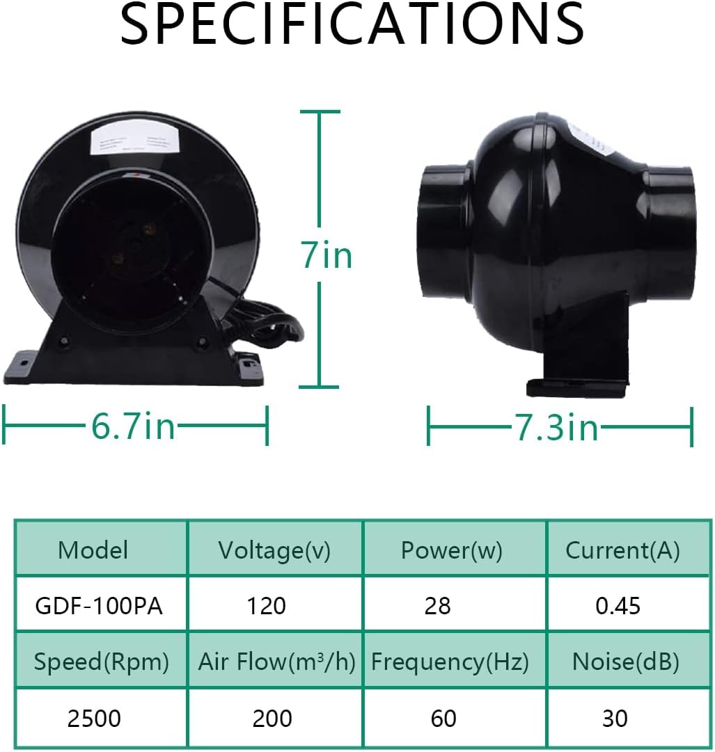 Ventilation Kit, 4 Inch Inline Fan 200 CFM Exhaust Blower, 4 Inch Carbon Fiber Filter Exhaust Fan Combo with 8 Feet