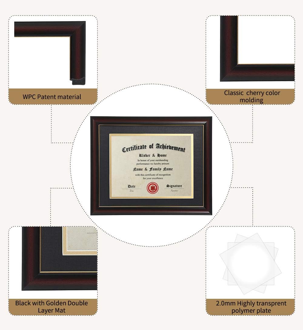 8.5x11 Diploma Frames with Mat Cherry Matte Black with Gold Rim | 8.5x11 Inch With Mat or 11x14 Inch Without Mat