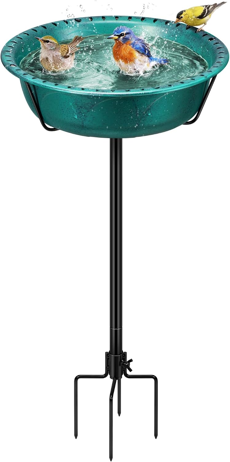 Bird Bath for Outside with Metal Ground Stake, Green