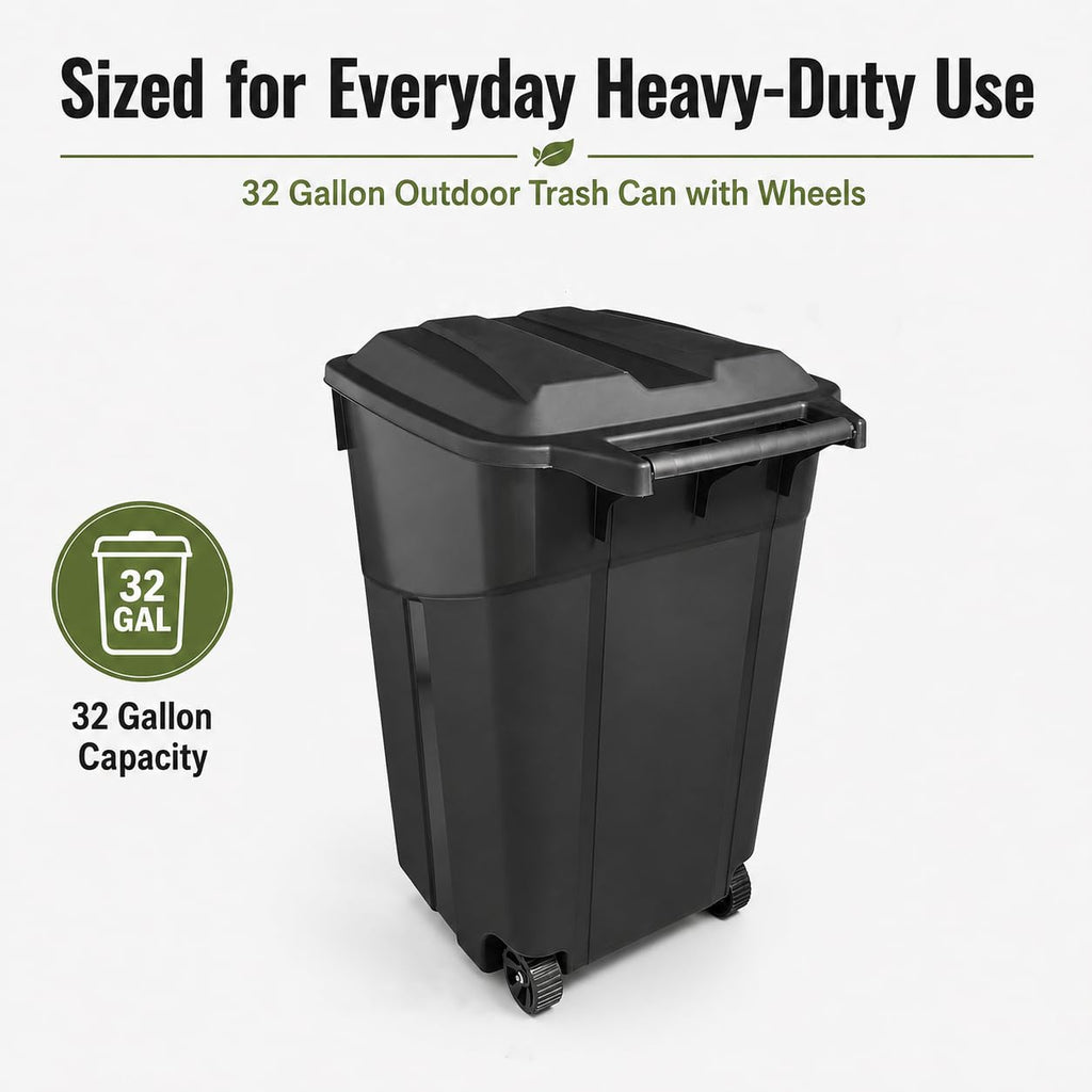 32 Gallon Outdoor Trash Can with Attached Lid Wheeled Heavy-Duty | Garbage Bin, Impact-Resistant Polypropylene