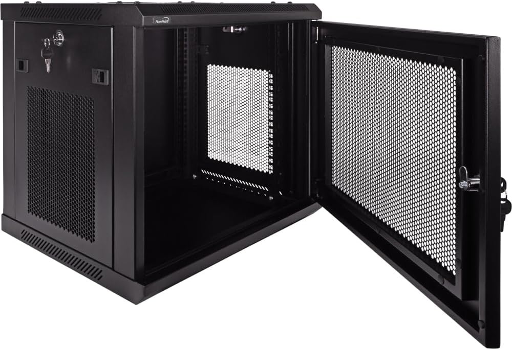 NavePoint 9U Server Rack Enclosure - 17.7” Deep, Wall Mount Network Cabinet with Locking Perforated Door, 19” IT Equipment Compatible, Network Rack, Removable Side Panels, Black