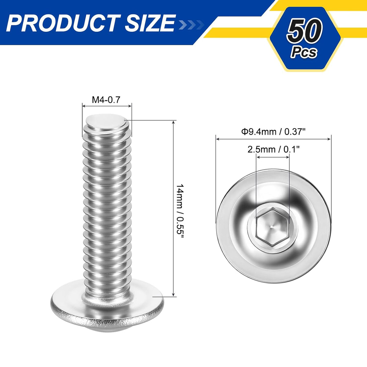 50pcs M4-0.7x14mm 304SS Flanged Button Head Socket Cap Screws