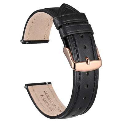 18mm Oil Wax Leather Watch Band, Vintage Quick Release Replacement Black Leather Watch Strap with Rose Gold Buckle