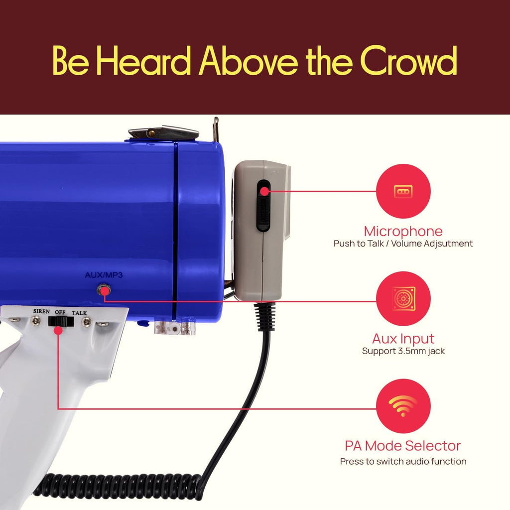 50W Portable Megaphone Bullhorn Speaker – Alarm Siren, Adjustable Volume up to 1700 Yards, Aux Input, USB/TF
