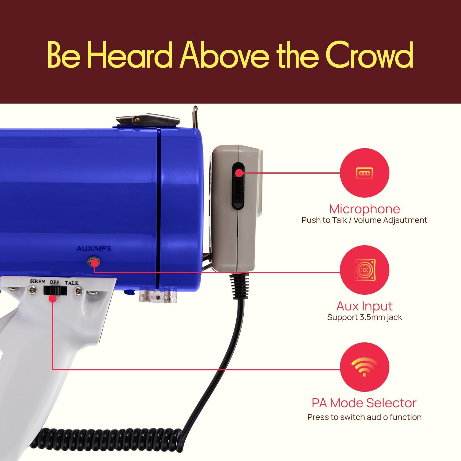 50W Portable Megaphone Bullhorn Speaker – Alarm Siren, Adjustable Volume up to 1700 Yards, Aux Input, USB/TF