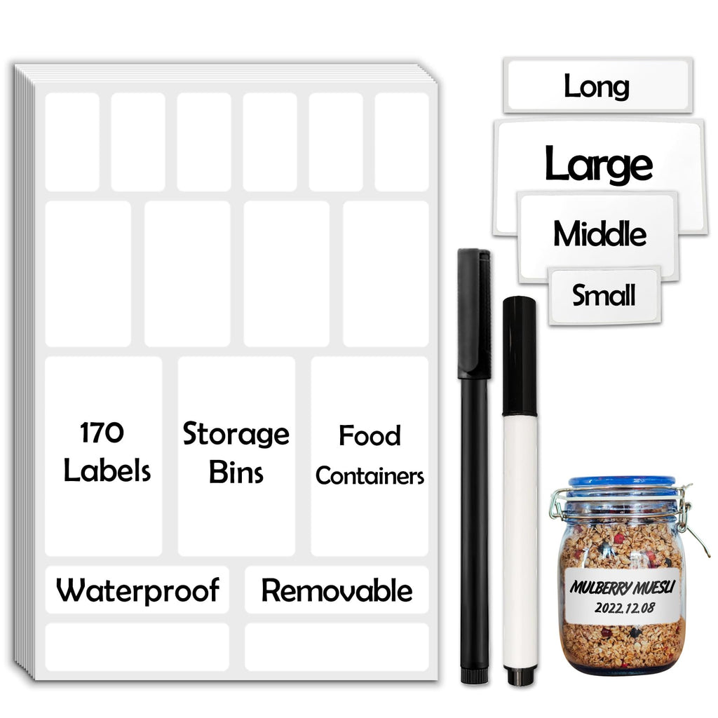 170Pcs White Removable Labels for Jars with 2 Liquid Chalk Marker