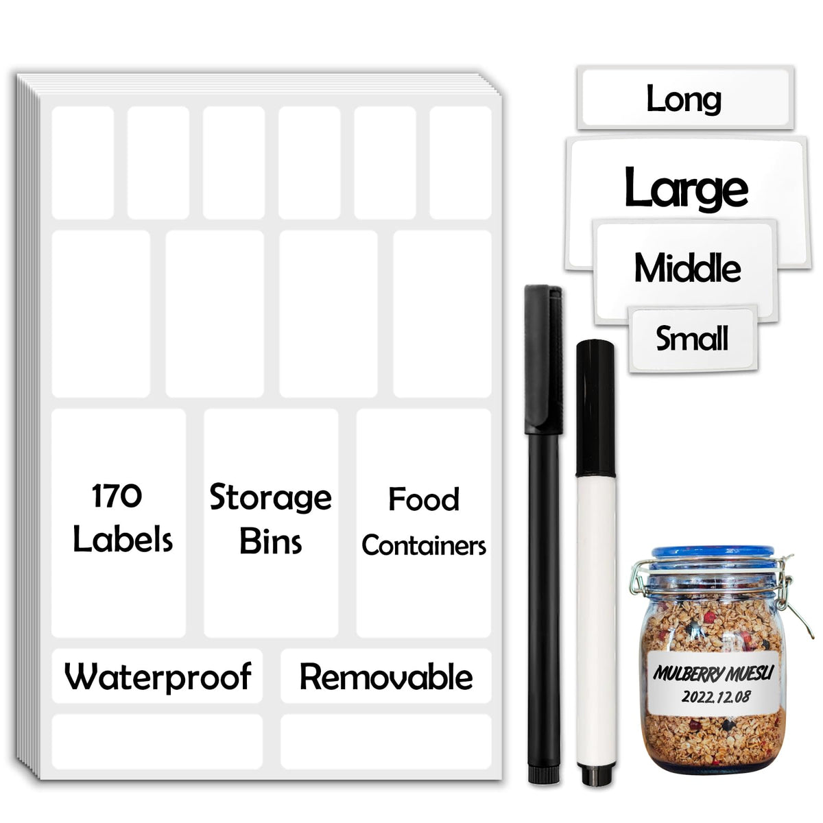 170Pcs White Removable Labels for Jars with 2 Liquid Chalk Marker