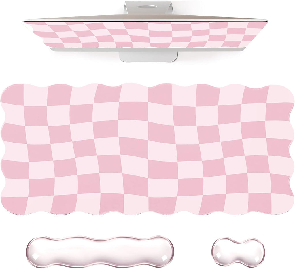 Pink Checkered Mouse Pad Set,Scalloped Pastel XXL Desk Mat Set | Desk Mat+Ergonomic Mouse Wrist Rest+Gel Keyboard
