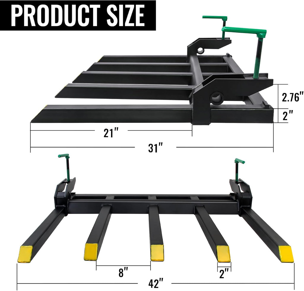48 Inch Heavy-Duty Clamp-On Pallet Forks with 2500 lb Capacity Attachments, Designed to Fit Loader Buckets, Skid
