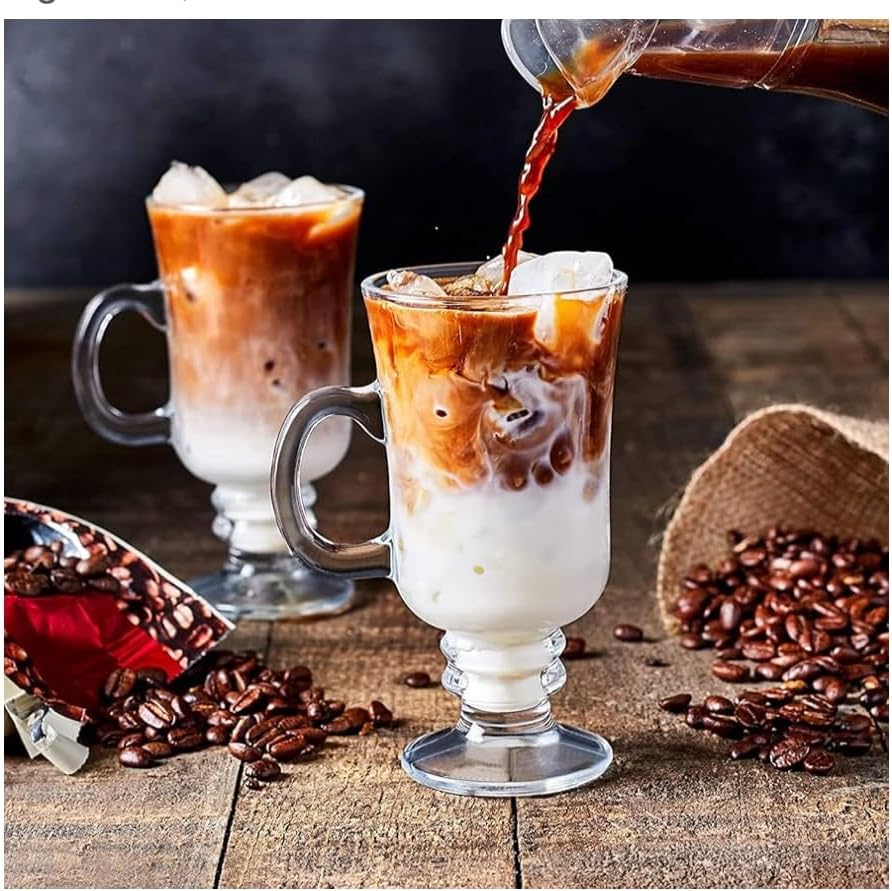 Irish Coffee Mugs Set of 2, 8 oz Glass Hot Beverage Mugs with Handle, Footed Hot Toddy, Cappuccino & Hot Chocolate