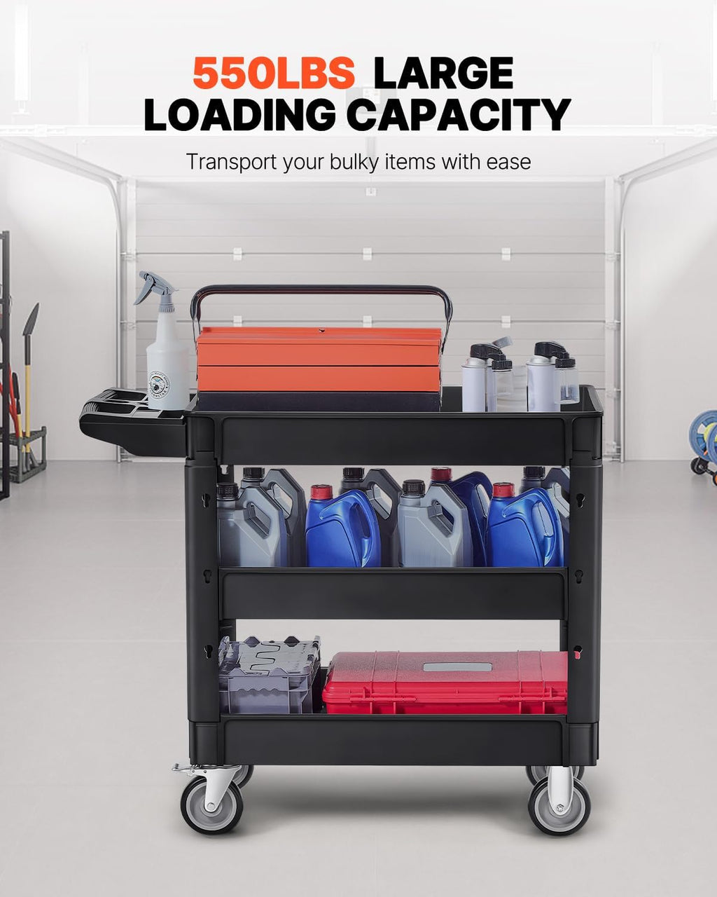 Utility Cart, 3-Tier Plastic Service Cart with 550LBS Capacity, 360° Swivel Casters (Including 2 Locking Wheels)