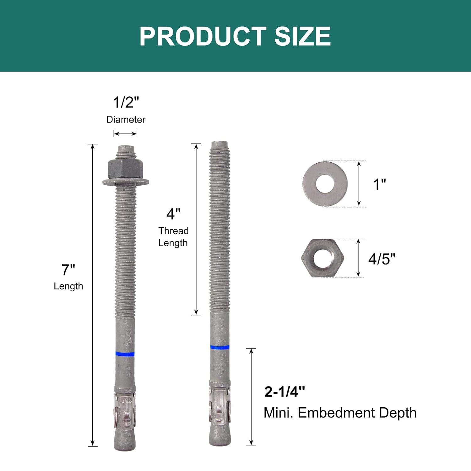 1/2" x 7" Concrete Anchors (20 Pack) Wedge Anchors Bolts, Hot Dip Galvanized