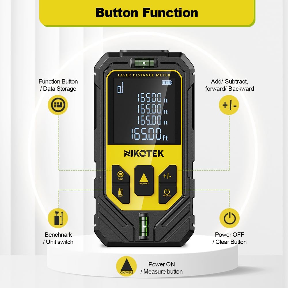 Laser Measure, NIKOTEK Laser Distance Meter with 2 Bubble Levels and LCD Backlit