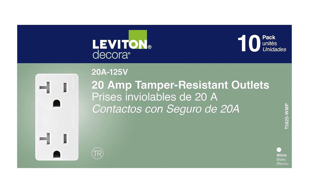 Leviton M02-T5825-Wmp 20a 125v White Decora Tamper Resistant Outlets 10 Count