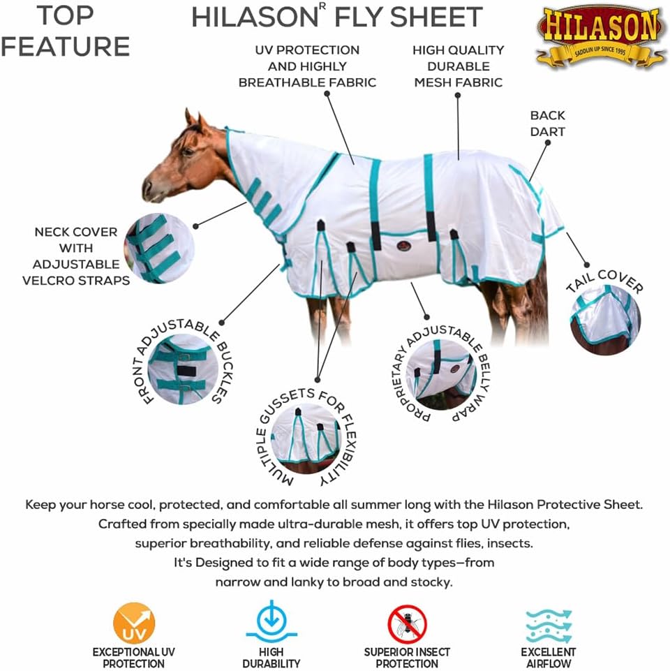 78 in Horse Fly Sheet White Turquoise UV Protect Mesh