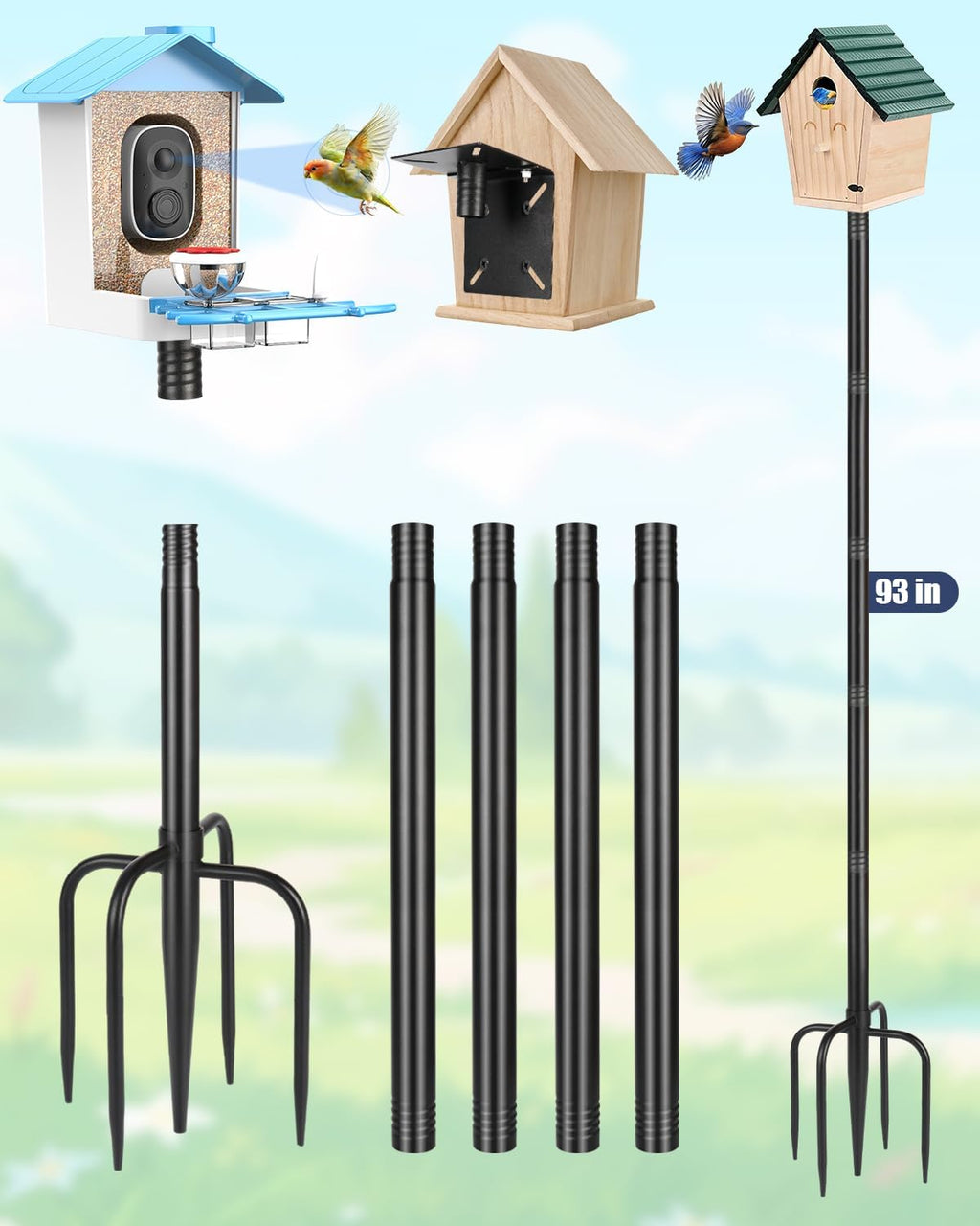 Smart Bird Feeder Pole Stand, 93 Inch Bird House Pole for Outdoors Heavy Duty Adjustable Mounting Pole for Smart Bird