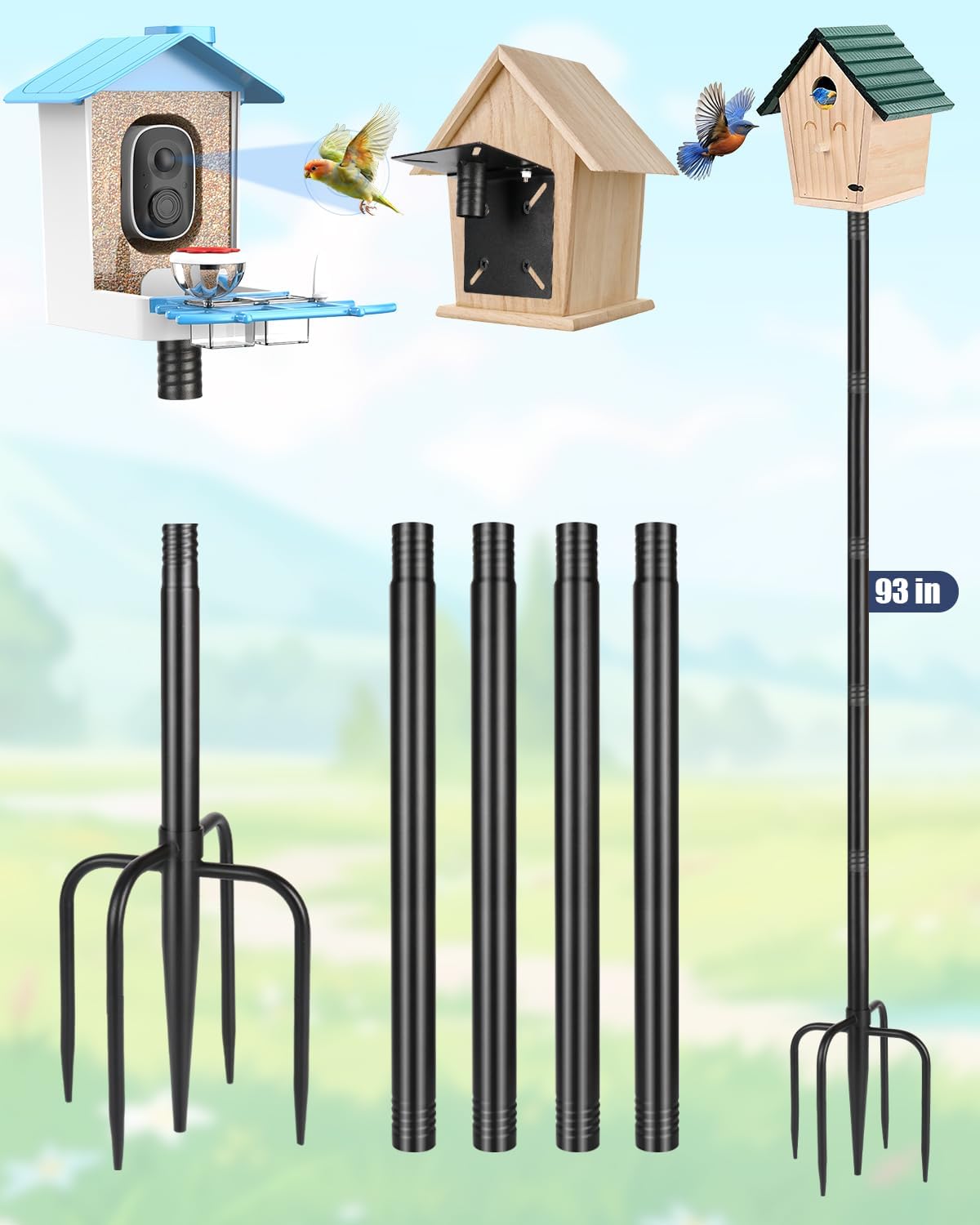 Smart Bird Feeder Pole Stand, 93 Inch Bird House Pole for Outdoors Heavy Duty Adjustable Mounting Pole for Smart Bird