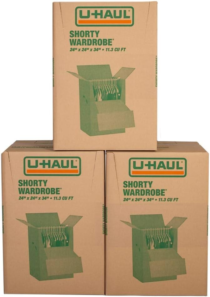 Shorty Wardrobe Boxes – Moving Boxes for Hanging Clothing - Pack of 3-24” x 24” x 34”- Hanging Wardrobe Bars Included