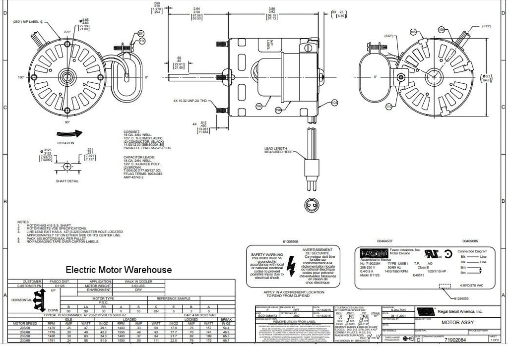 Fasco D1125 3.3" Frame Open Ventilated Permanent Split Capacitor Evaporator Coil and Refrigeration Fan Motor with Sleeve Bearing, 1/12HP, 1550rpm, 208-230V, 60Hz, 0.5 amps