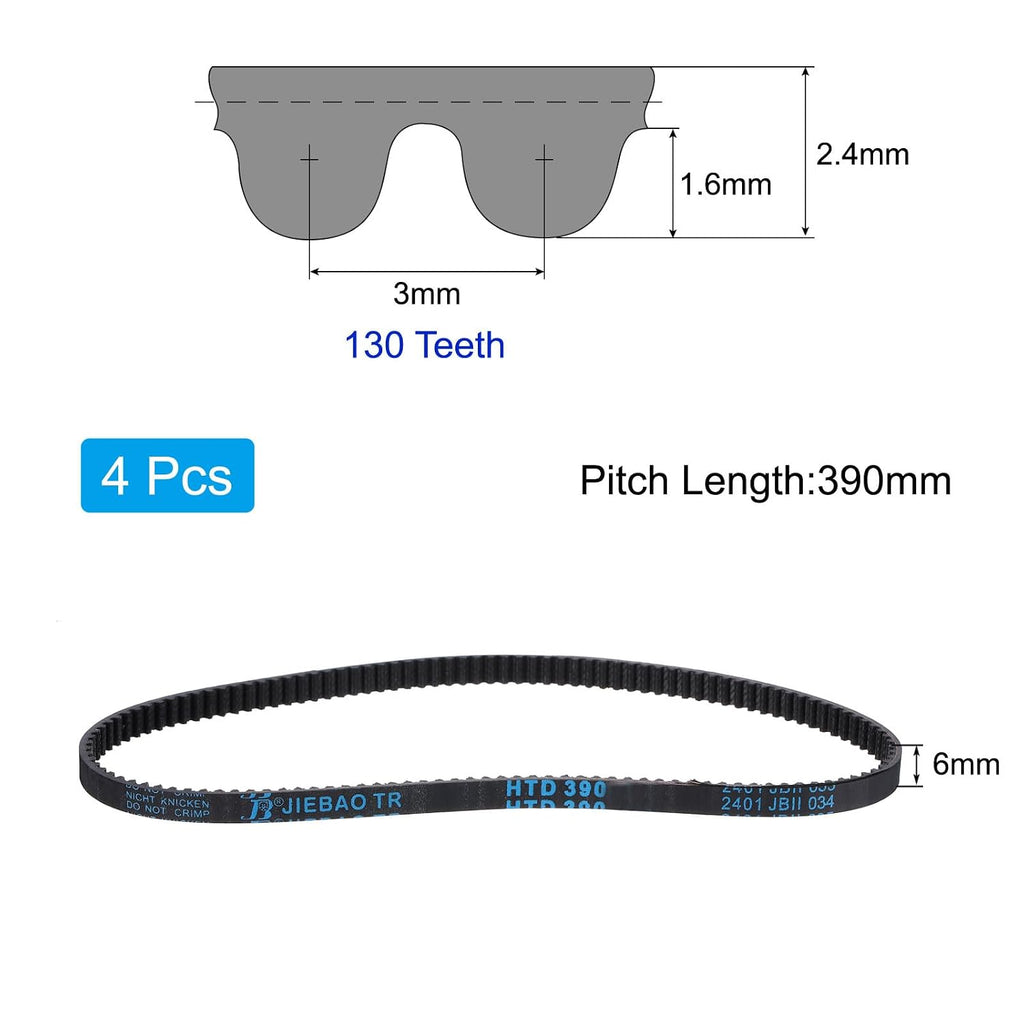 uxcell 4pcs HTD-3M Rubber Timing Belt 130 Teeth, 390mm Pitch Length x 6mm Width x 2.4mm Height, Closed Loop Pulley Timing Belt
