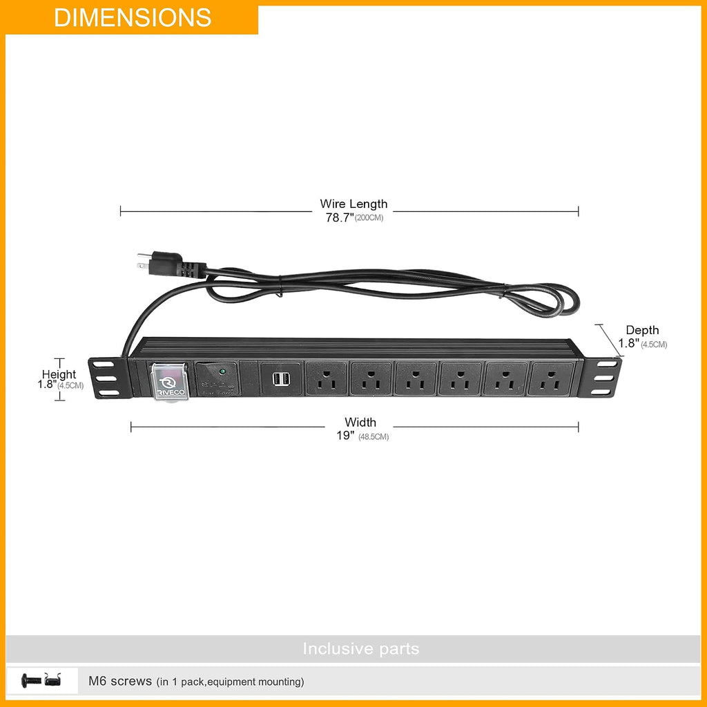 PDU 6 Outlets with 2 USB Ports, Flexible Rack Mount Power Strip for 19” Server Cabinet, with Surge Protector for
