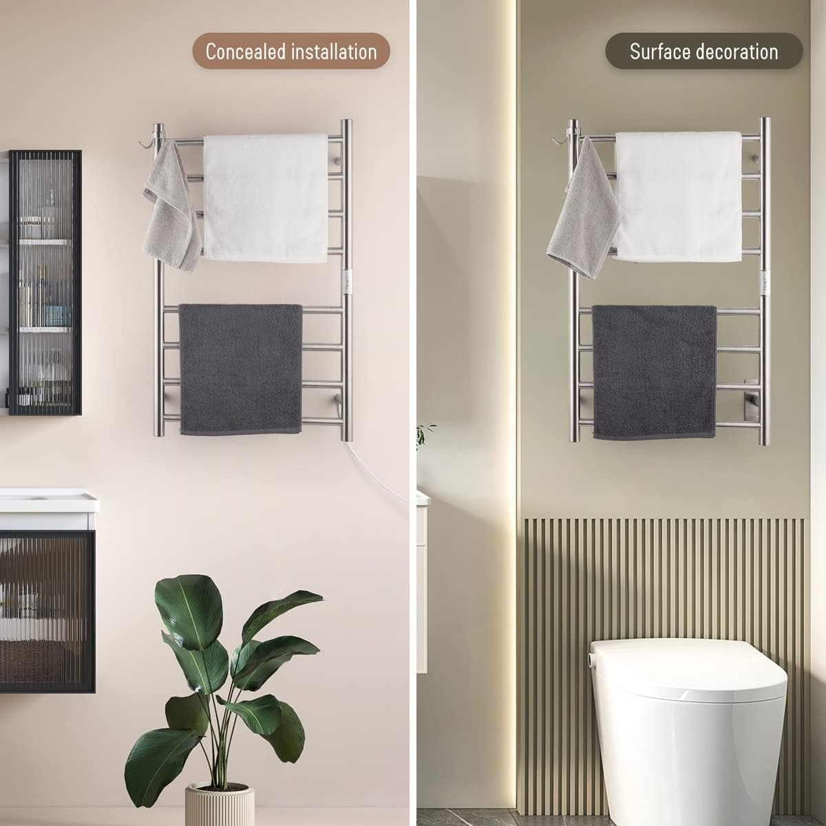 8-Bar Wall-Mounted Towel Warmer, Plug/Hardwired, 3 Timers | can be surface-mounted or flush-mounted, with