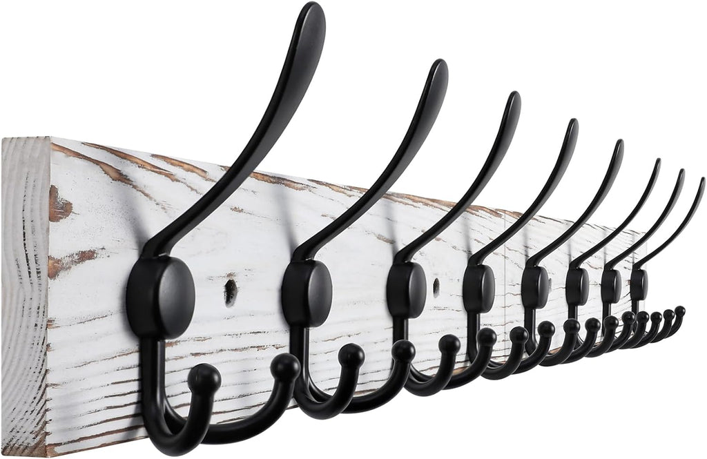 32.2'' Large Coat Rack Wall Mount Coat Hooks with 8 Metal Black Triple-Hooks Old White Pine Real Wood Plank Hat Rack