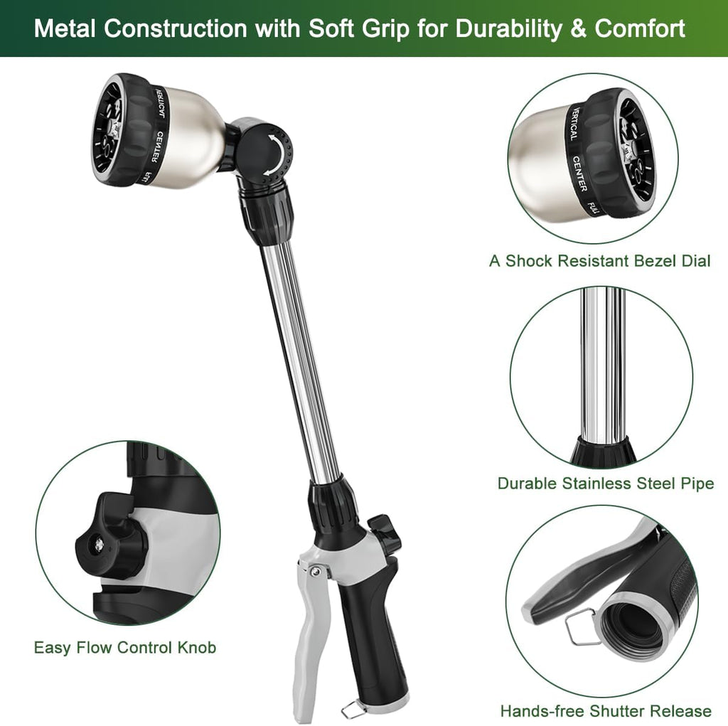 Watering Wand Heavy Duty, 16 Inches Metal Garden Hose Wand with 8 Spray Patterns, Long Hose Nozzle Sprayer with
