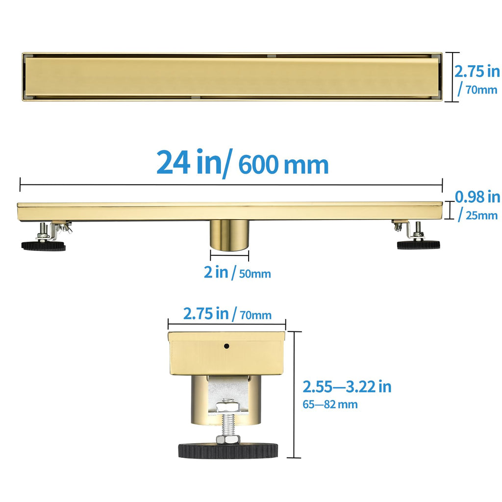24‑Inch Linear Shower Drain, Brushed Gold Tile‑Insert Panel