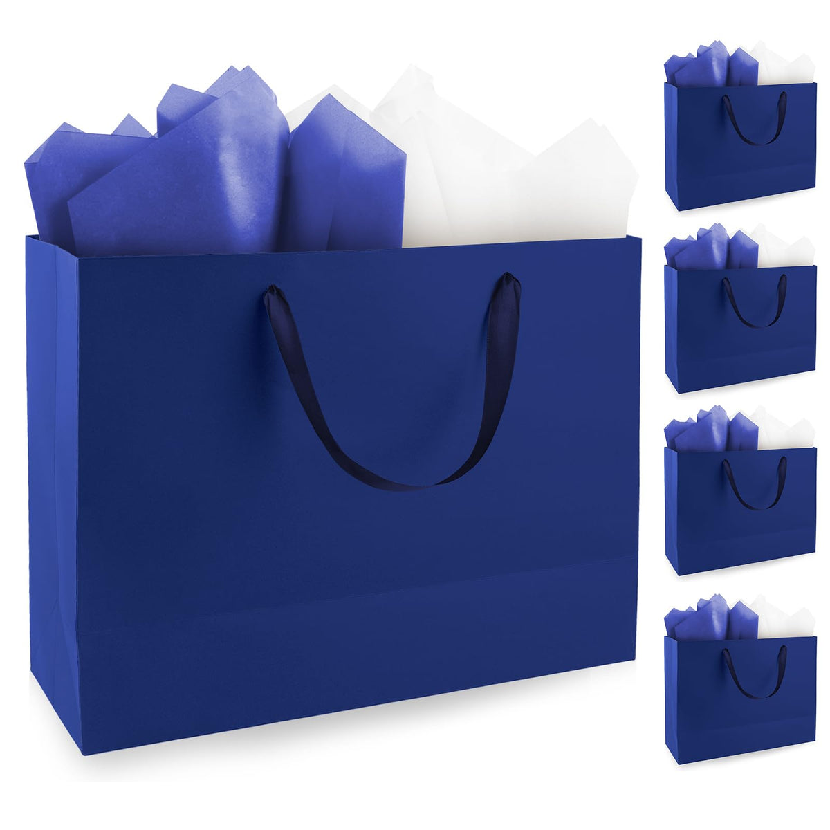 5 Pack Large Blue Gift Bags with Handles & 10 Tissue Papers