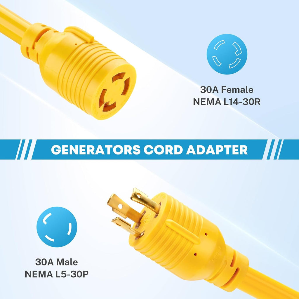 NEMA L5-30P to L14-30R Generator Adapter Cord | 12'', 3 Prong to 4 Prong Generator Adapter, STW 10 AWG, 30 Amp