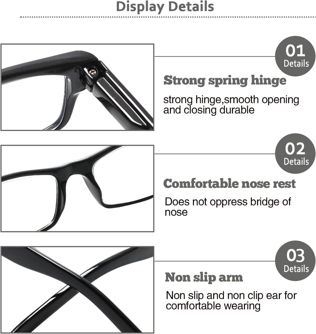 6 Pack Reading Glasses Traditional Frames for Men and Women Readers with Spring Loaded Hinges