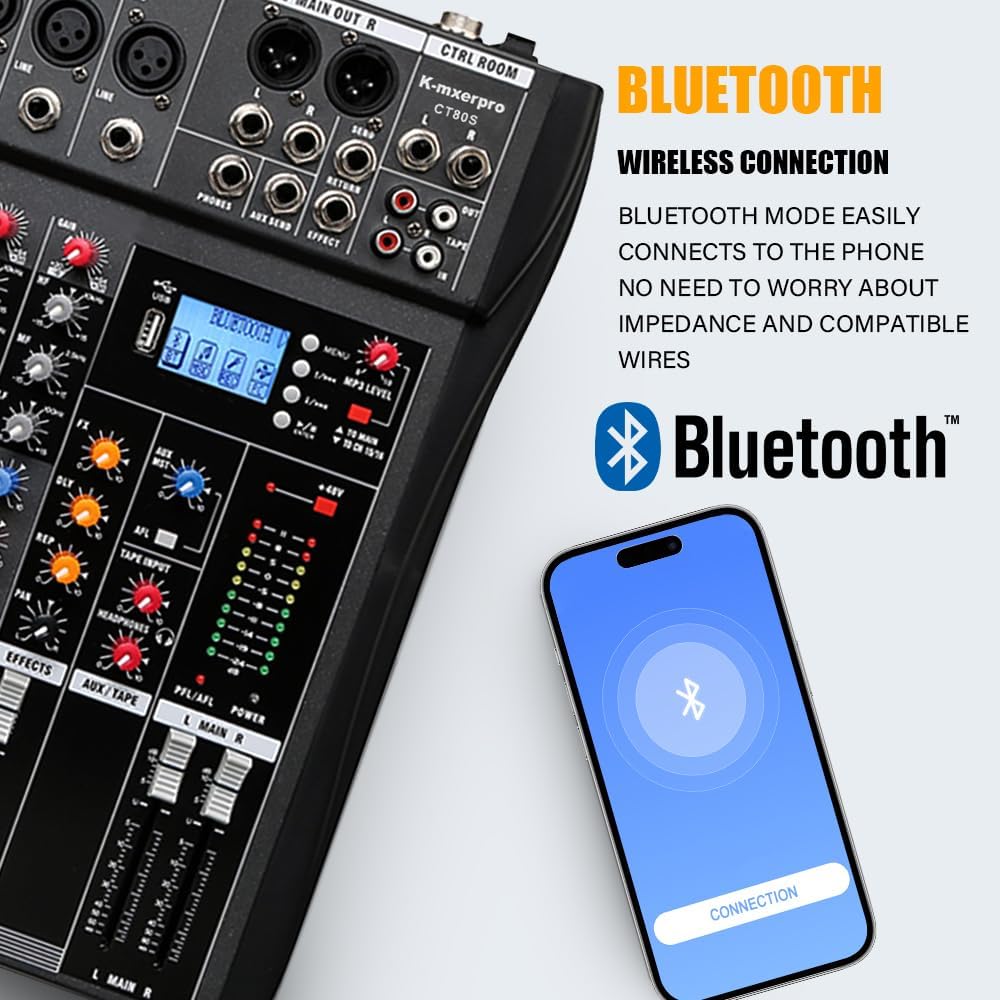 8 Channel Professional Audio Mixer Console Sound Board with 48V Phantom Power,USB Audio Interface for Live